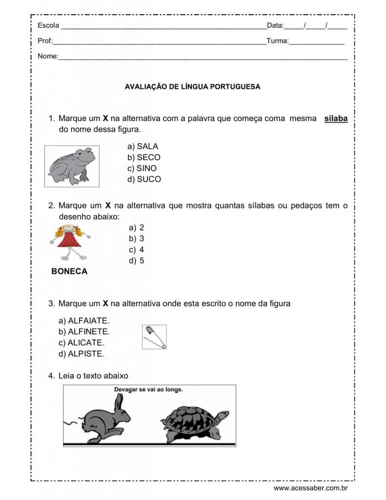 avaliação de língua portuguesa 3º ano