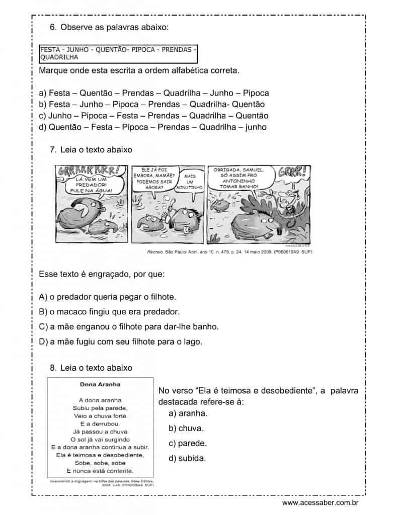 avaliação de língua portuguesa 3º ano
