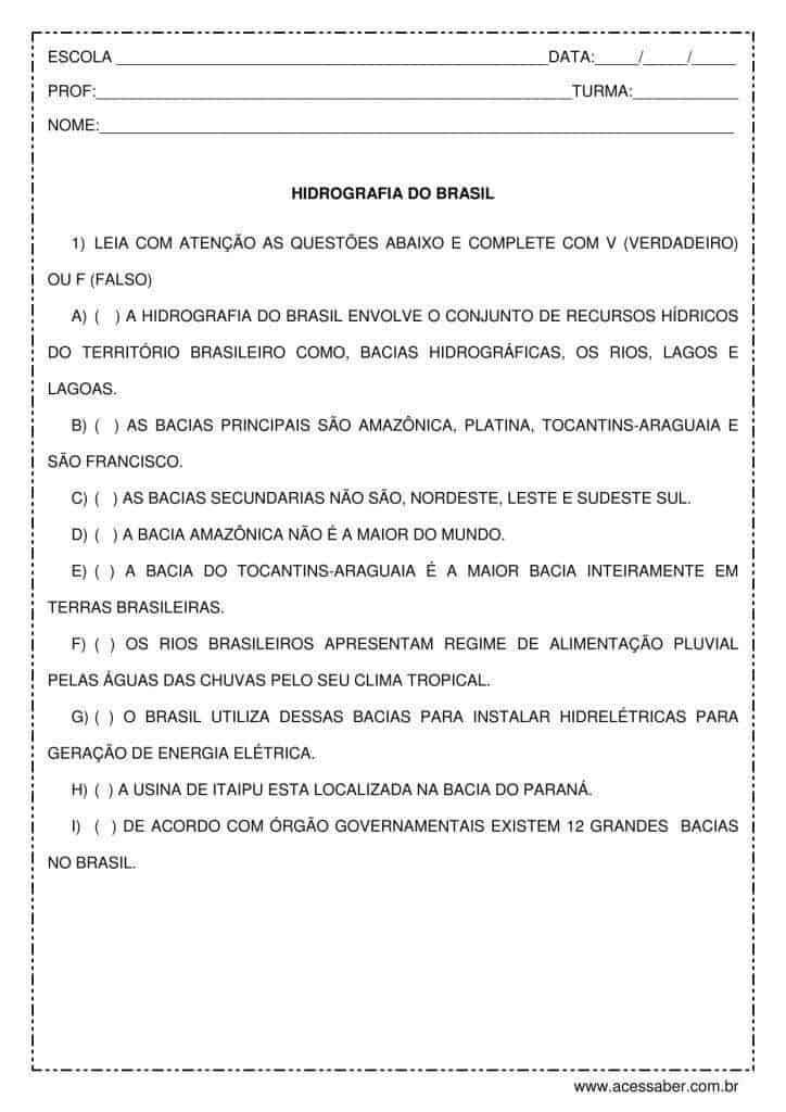 Atividade De Geografia: Hidrografia Do Brasil - 4º Ou 5º Ano