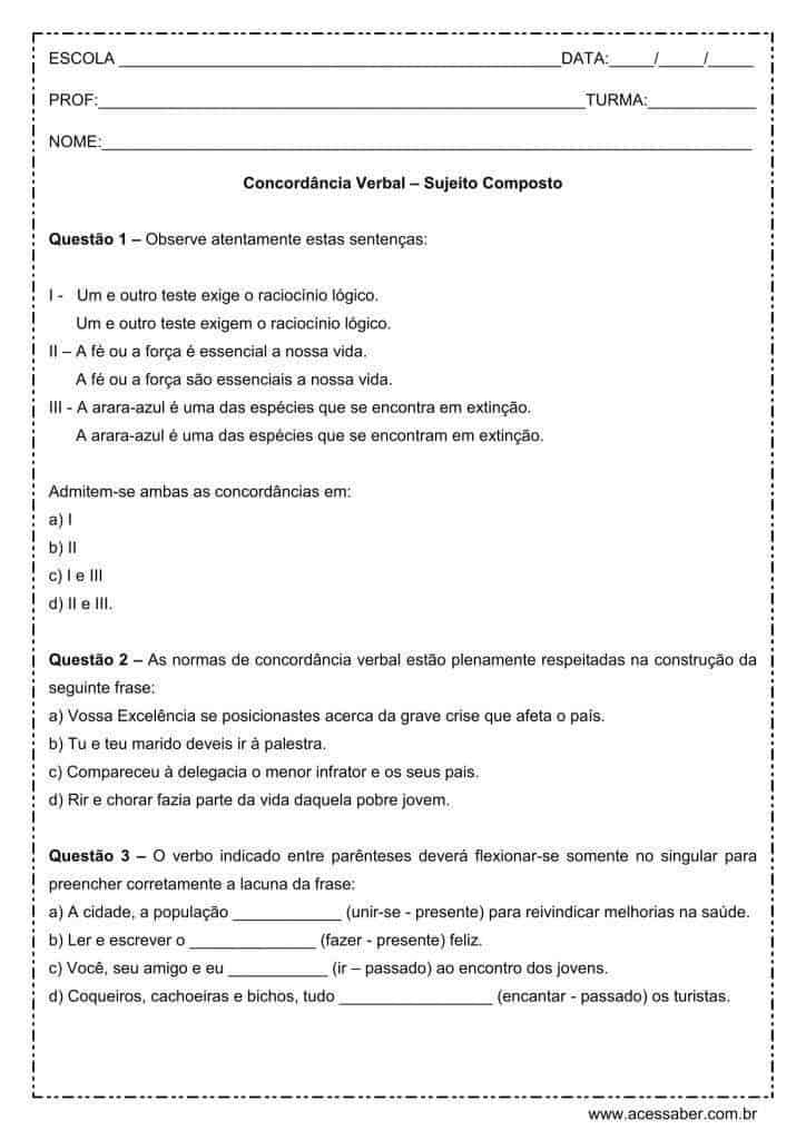 Atividade de português Concordância verbal Sujeito Composto 3º ano