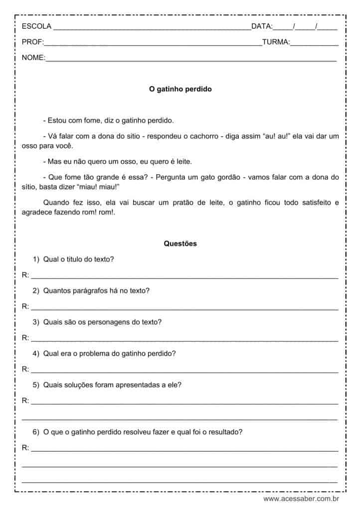 Interpretação De Texto O Gatinho Perdido 4º Ou 5º Ano