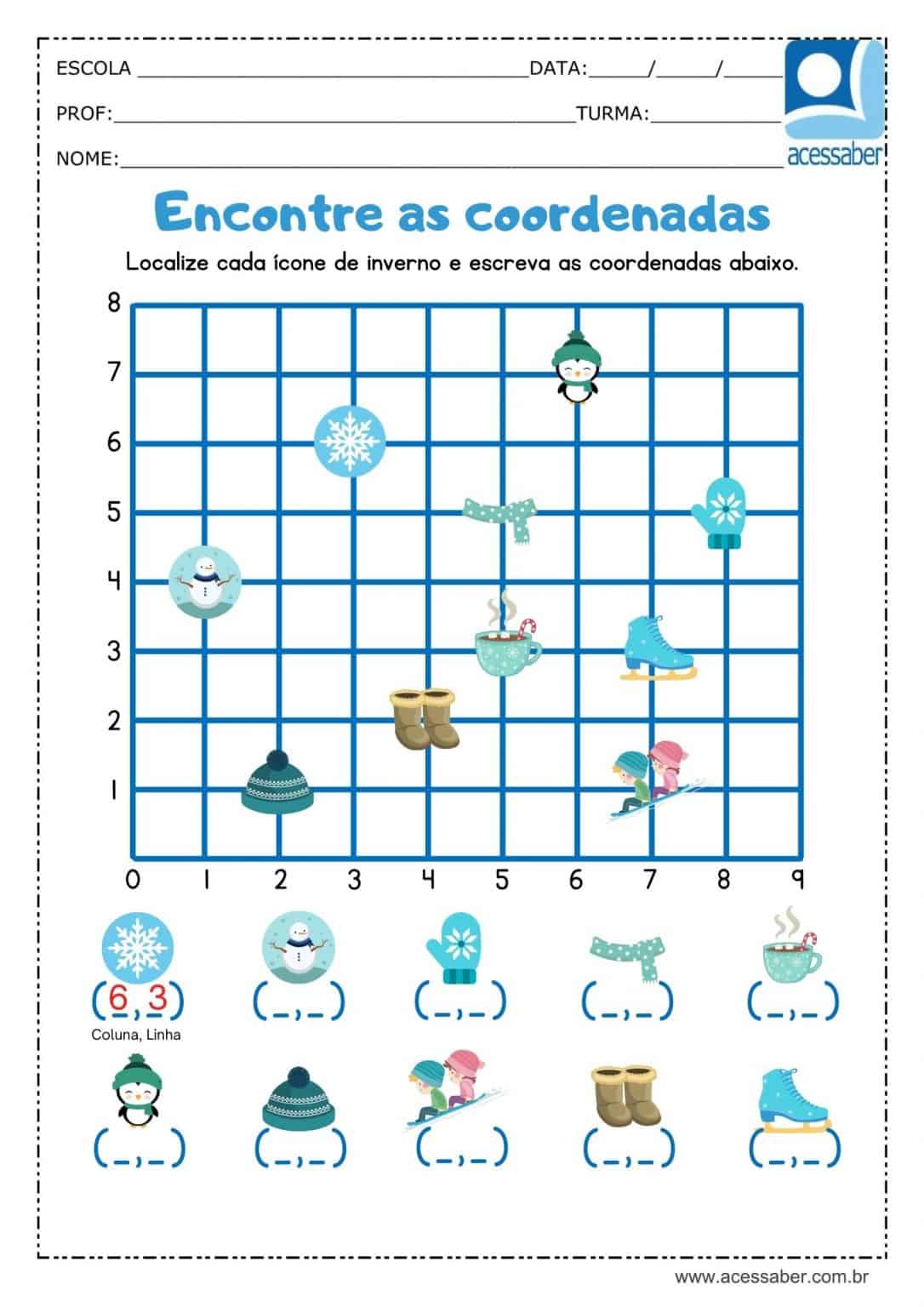 Atividade de matemática Encontre as coordenadas 3º ano e 4º ano