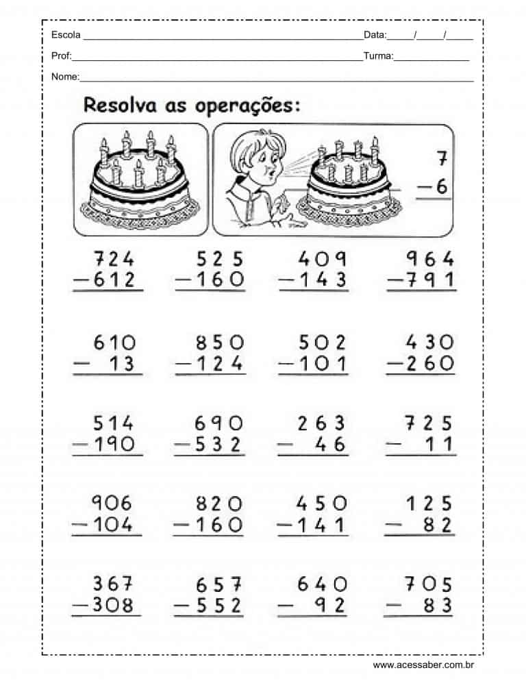 Atividades de matemática: contas de soma e subtração com reserva ...