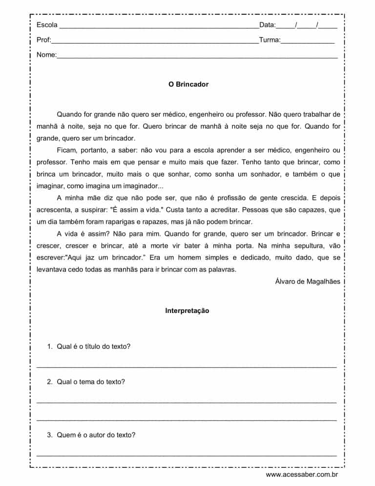 Atividade de interpretação de texto: O brincador - 4º ano - Acessaber