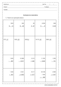 Avaliação de matemática: Os quatro operadores e problemas - 5º ano