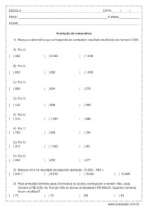 Avaliação de matemática: Divisão e problemas – 6º ano Avaliação de matemática: Divisão e problemas - 6º ano
