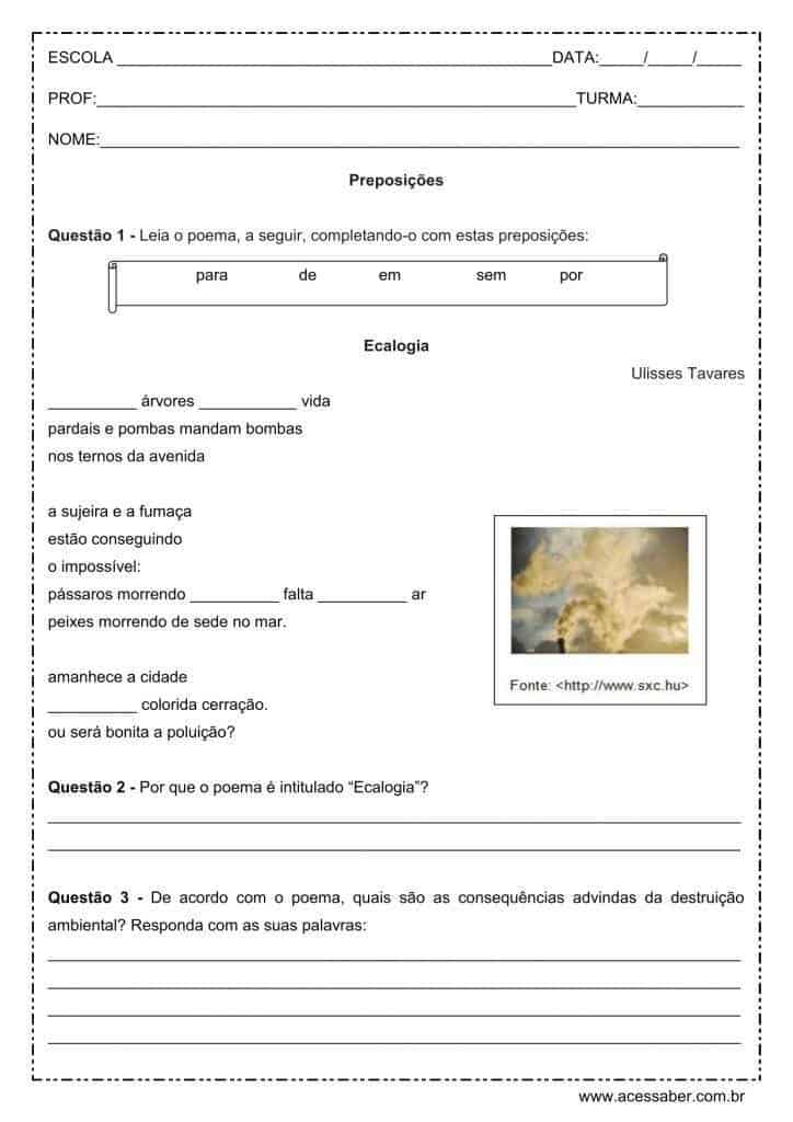 Atividade de português: Preposições - 8º ano