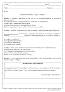 Atividades de português: Concordância Verbal – Sujeito Simples – 3º ano do Ensino Médio