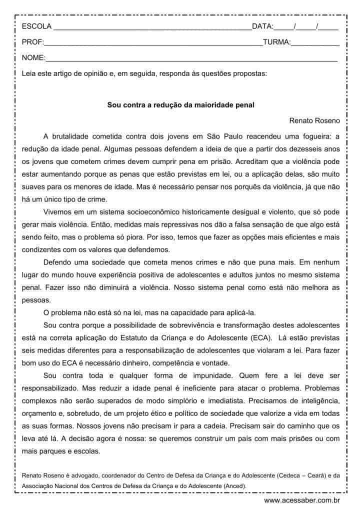 Qual O Tema Do Artigo De Opinião Chega De Violência