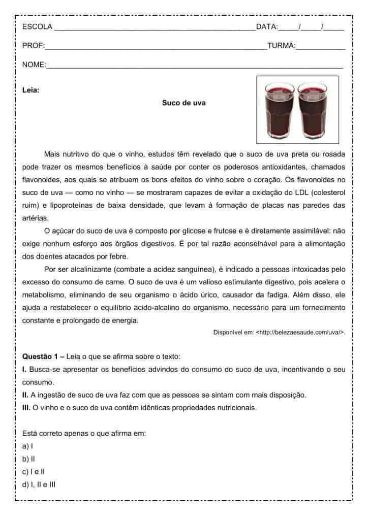 Interpretação de texto: Suco de uva – 2º ano do ensino médio Interpretação de texto: Suco de uva - 2º ano do ensino médio