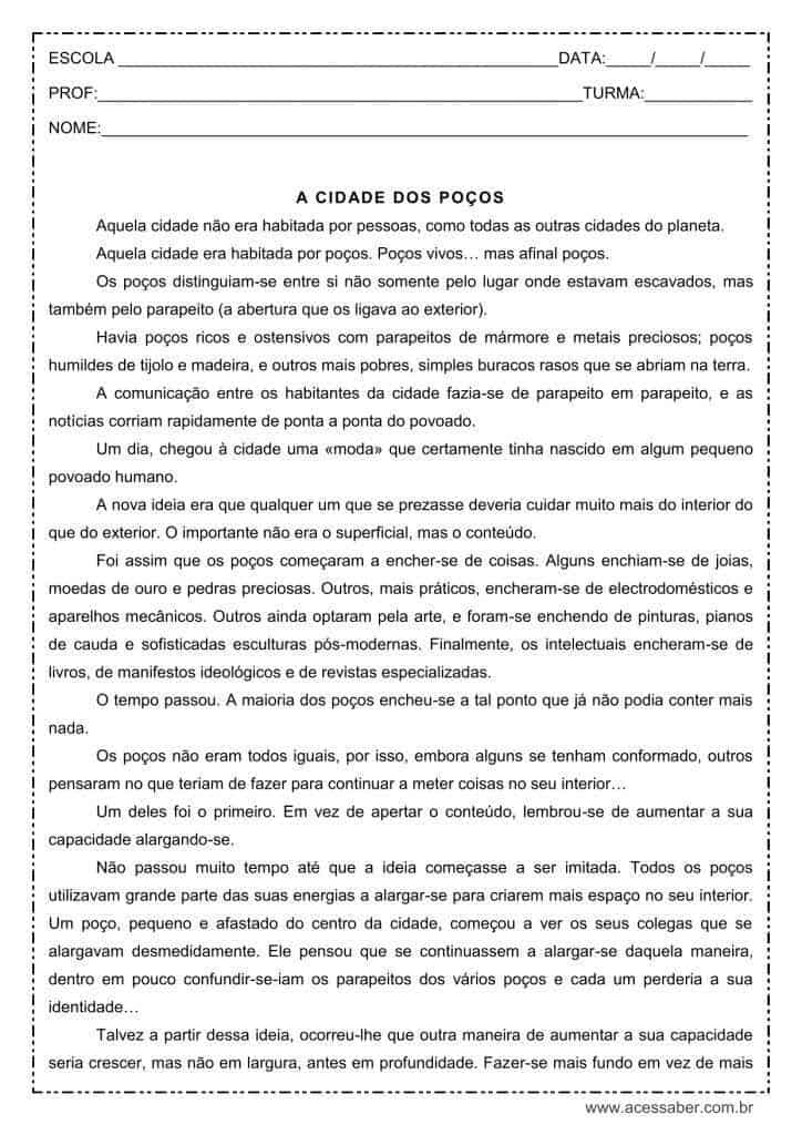 Interpretação de texto: A cidade dos poços – 6º ou 7º ano Interpretação de texto: A cidade dos poços - 6º ou 7º ano