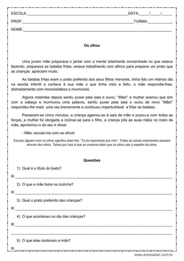 Interpretação de texto: Os olhos – 3º ou 4º ano Interpretação de texto: Os olhos - 3º ou 4º ano