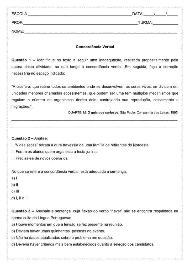 Gabarito Sobre Concordância Verbal I, PDF, Assunto (gramática)