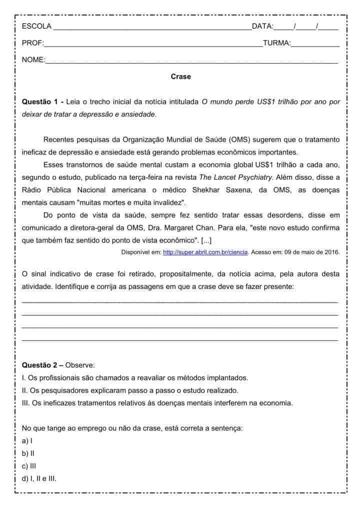 Atividade de português: Crase – 1º ano do ensino médio Atividade de português: Crase - 1º ano do ensino médio
