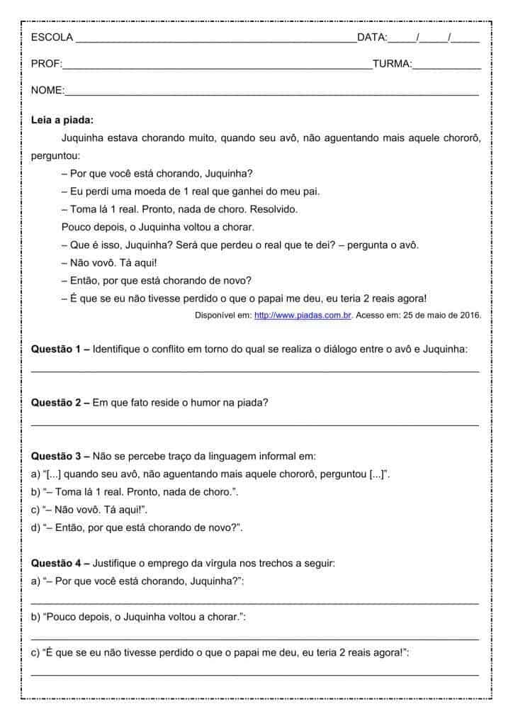 Interpretação de texto: Piada do Juquinha – 7º ano