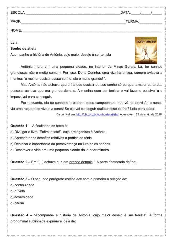 Interpretação de texto: Sonho de atleta - 6º ano