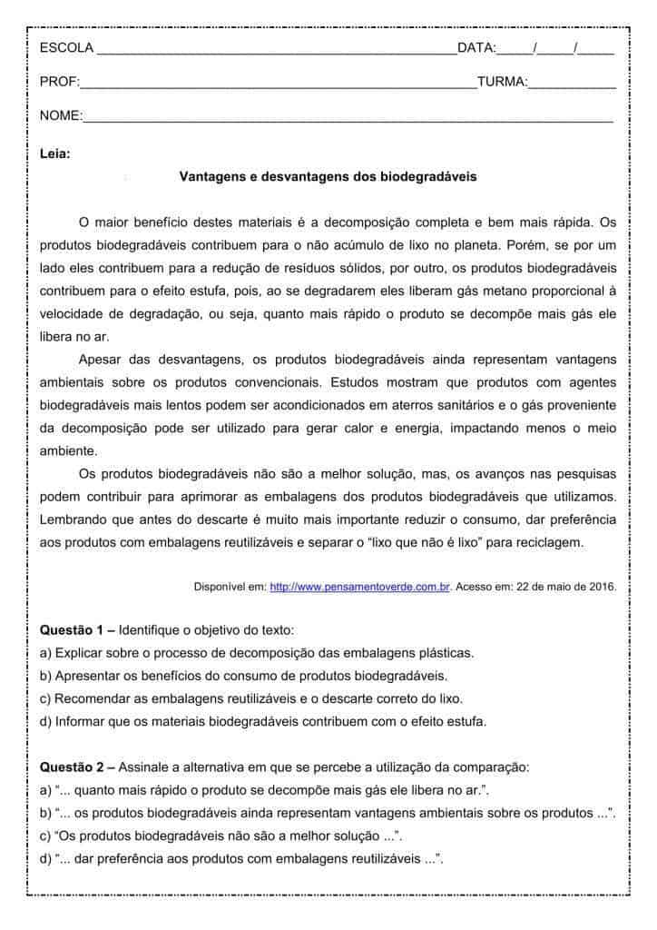 Interpretação de texto: Vantagens e desvantagens dos biodegradáveis – 3º ano do ensino médio