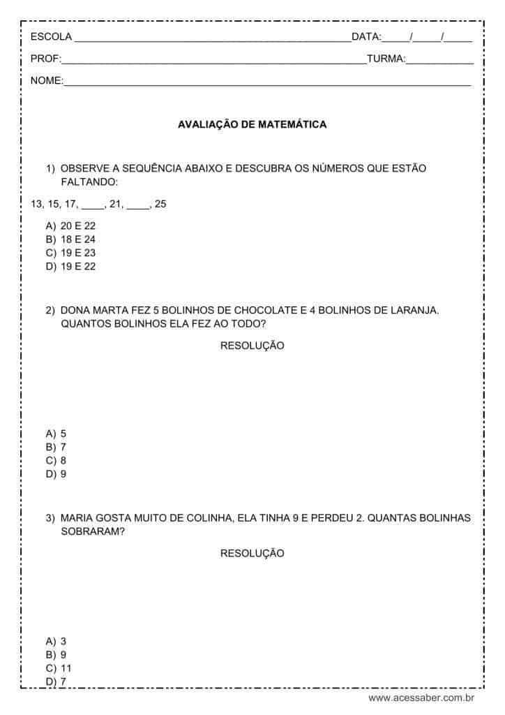 Avaliacao de matematica 3º ano ef