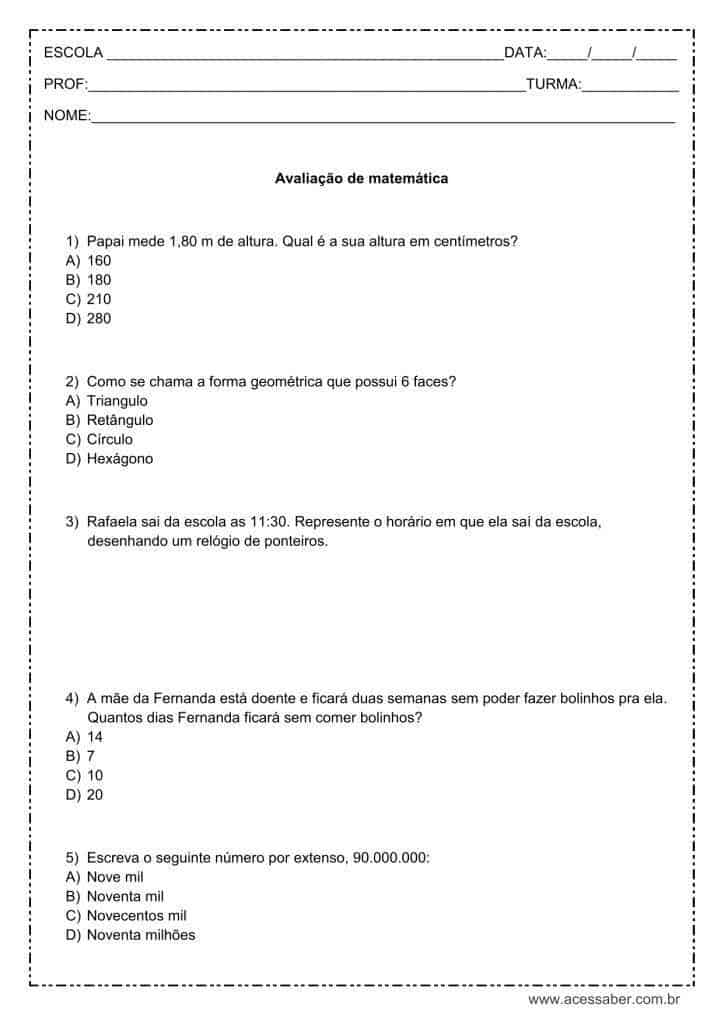 Avaliação de matemática: soma e subtração, sistema monetário, multiplicação  e divisão - 4º ou 5º ano - Acessaber