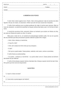 Interpretação de texto: A memória dos peixes – 3º ou 4º ano Interpretação de texto: A memória dos peixes - 3º ou 4º ano