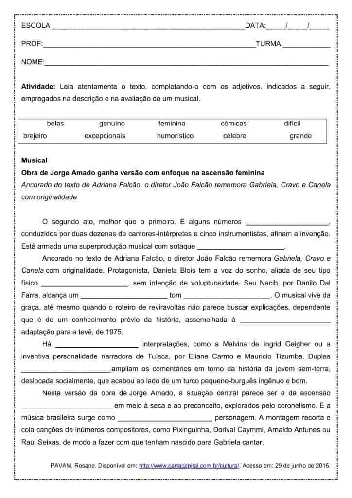 Atividade de português: Complete com adjetivos - 1º ano do ensino médio ...