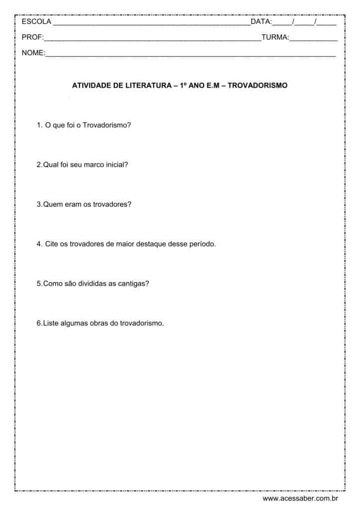 Atividade de literatura: Trovadorismo - 1º ano do ensino médio - Acessaber