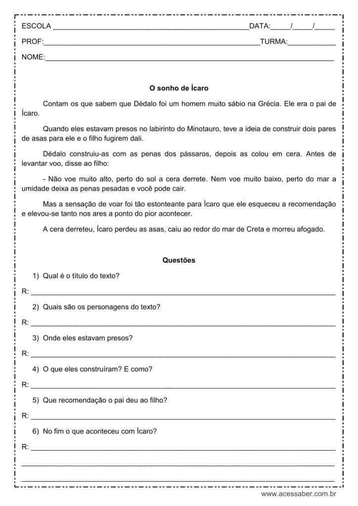 Interpretação de texto: O sonho de Ícaro - 3º ou 4º ano - Acessaber