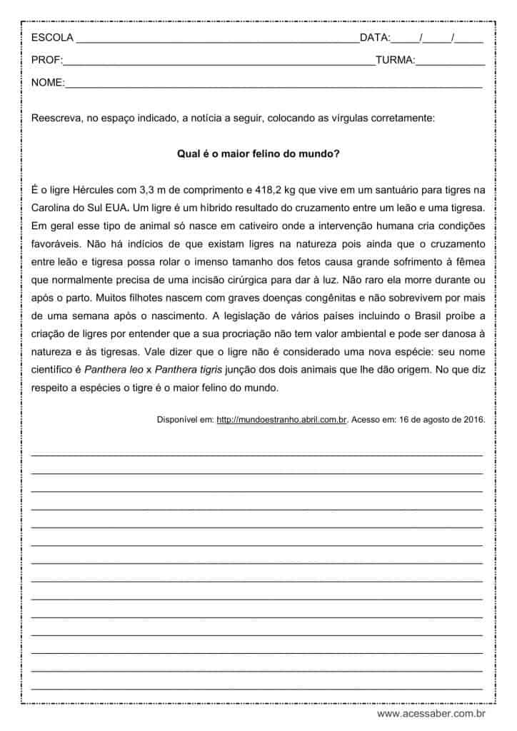 Atividade de português: Complete com vírgula - 9º ano