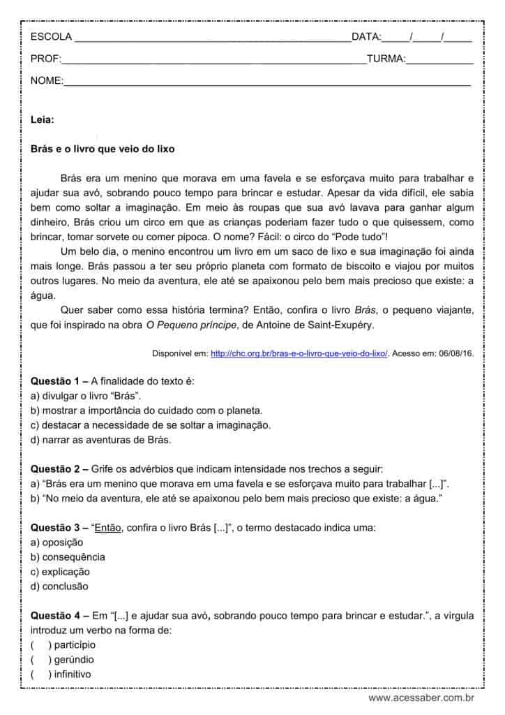 Atividade de língua portuguesa: Advérbio de intensidade - 8º ano