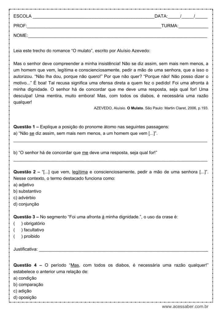 Atividade de português: Colocacao pronominal – 2º ano do ensino médio Atividade de português: Colocacao pronominal - 2º ano do ensino médio