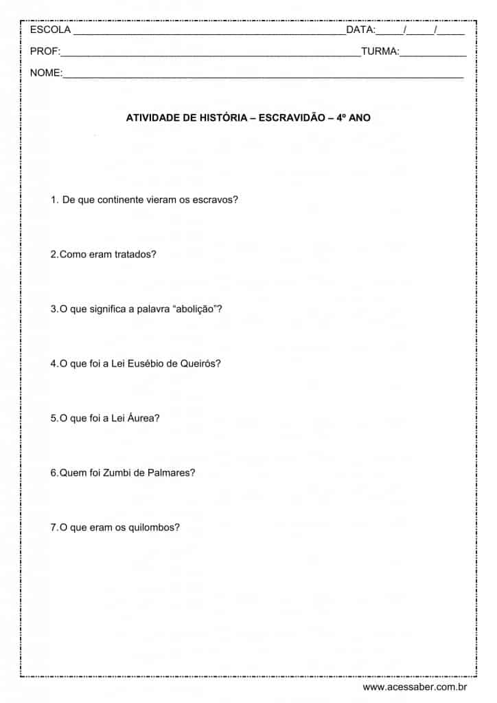 atividade de historia - escravidao - 4º ano - Acessaber