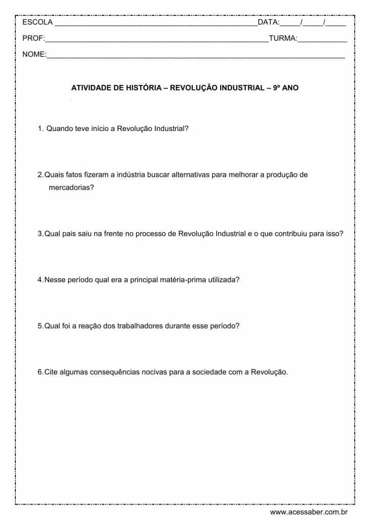 atividade de historia - revolucao industrial - 9º ano - Acessaber