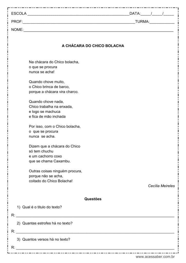 Interpretação de texto: A chácara do Chico Bolacha – 3º ou 4º ano Interpretação de texto: A chácara do Chico Bolacha - 3º ou 4º ano