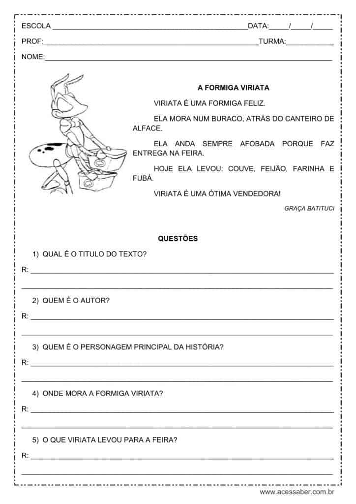 Interpretação de texto: A formiga Viriata – 1º ou 2º ano Interpretação de texto: A formiga Viriata - 1º ou 2º ano