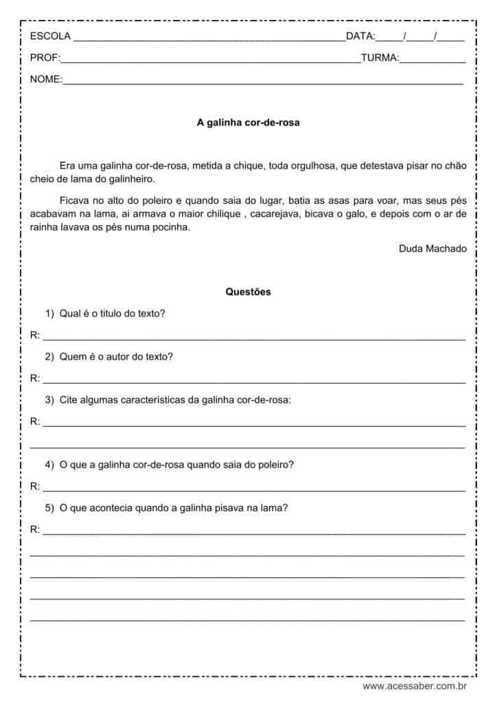 Interpretação de texto: A galinha cor-de-rosa - 2º ou 3º ano