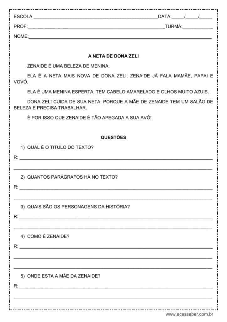 Interpretação de texto: A neta de dona Zeli – 2º ou 3º ano Interpretação de texto: A neta de dona Zeli - 2º ou 3º ano