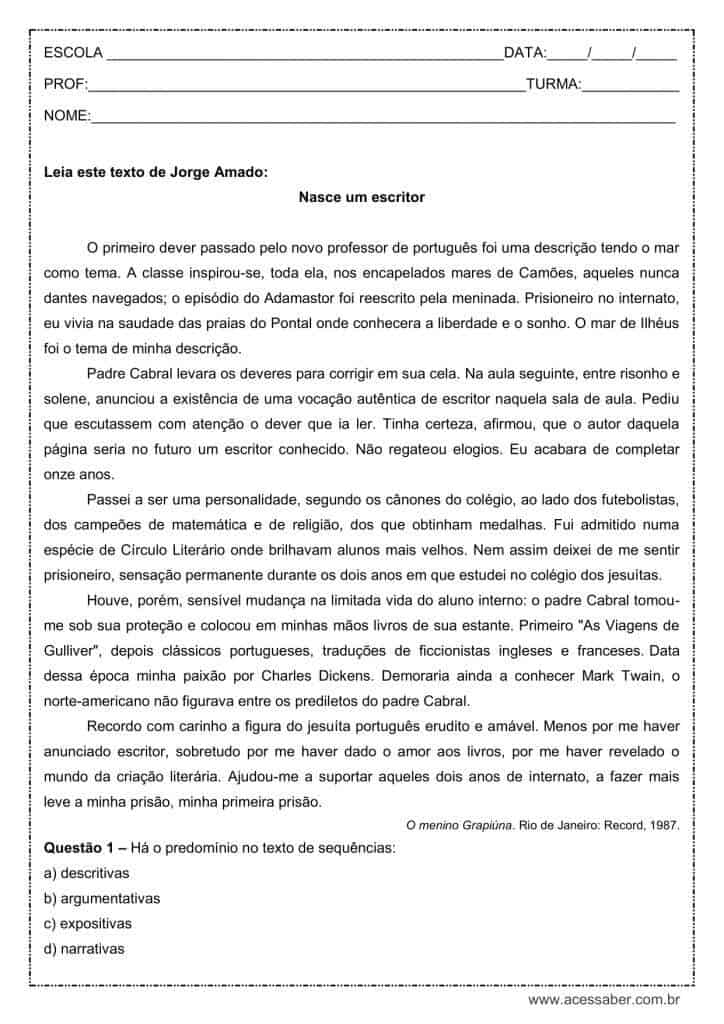 Atividade de português: 1ª pessoa do singular - 9º ano