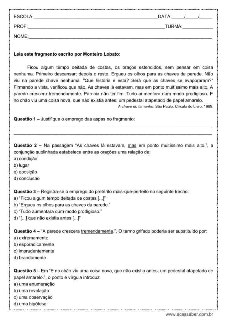 Atividade de português: Pretérito mais-que-perfeito - 9º ano