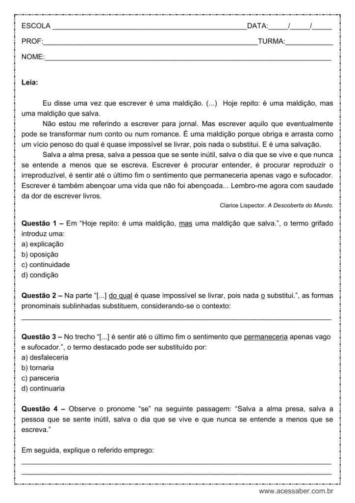 Atividade de português: Colocação do pronome se – 1º ano do ensino médio Atividade de língua portuguesa: Colocação do pronome se - 1º ano do ensino médio