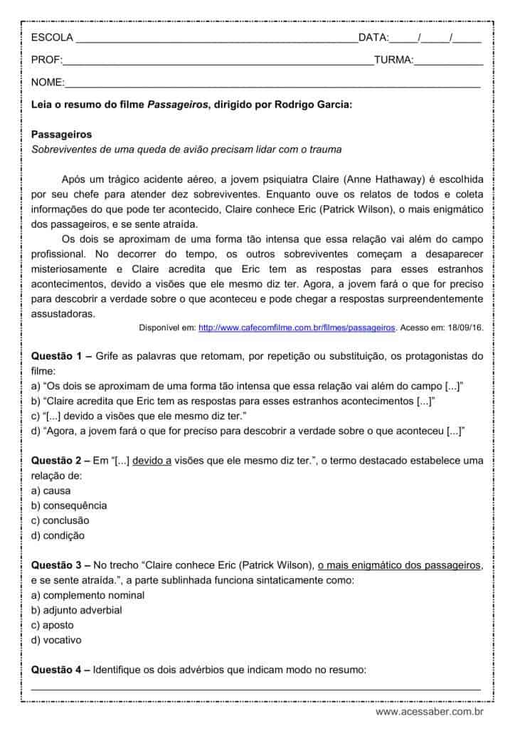 Atividade de português: Advérbio – 1º ano do ensino médio Atividade de língua portuguesa: Advérbio - 1º ano do ensino médio