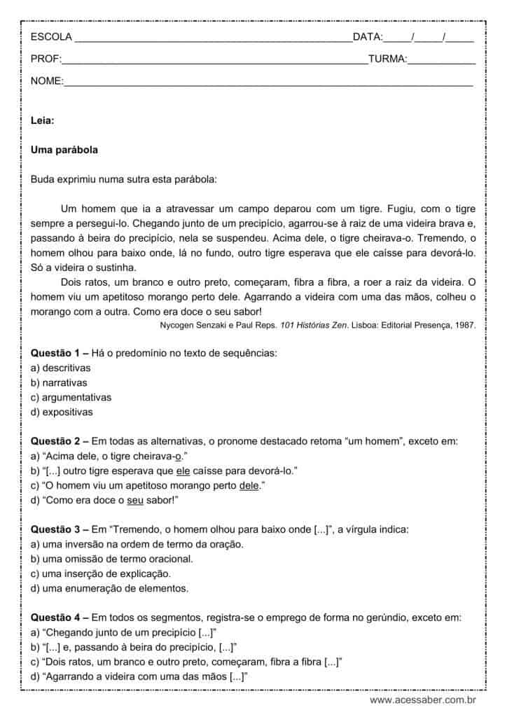 Atividade de língua portuguesa: Gerúndio - 9º ano