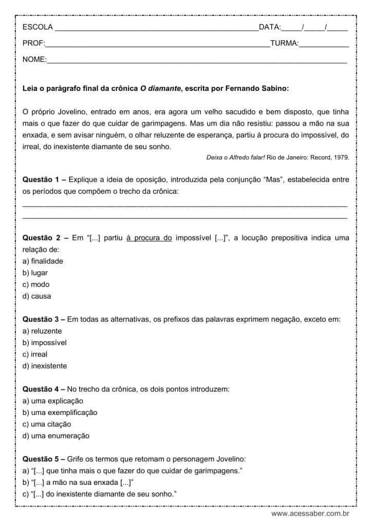 Atividade de português: Locução prepositiva – 2º ano do ensino médio