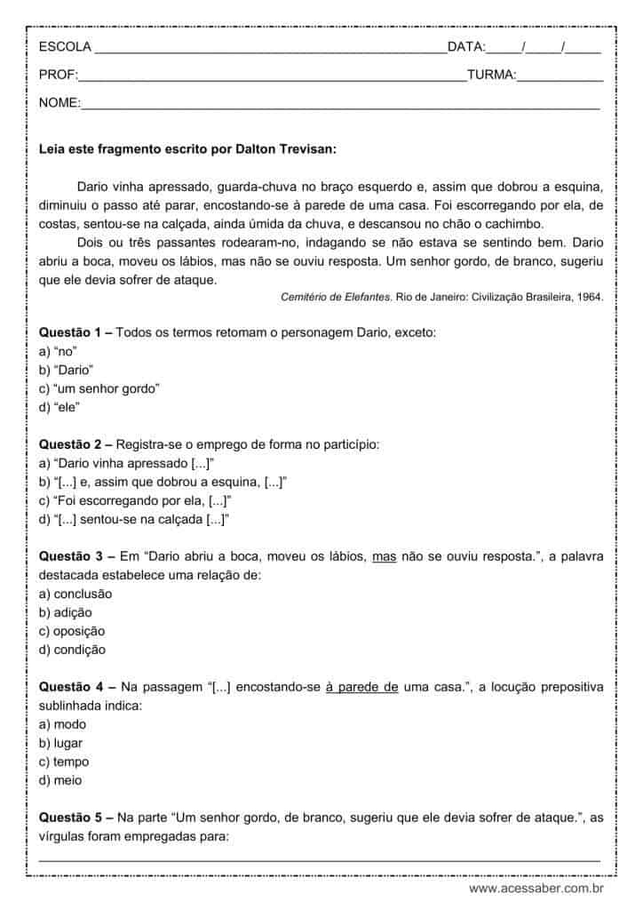 Atividade de língua portuguesa: Particípio - 8º ano