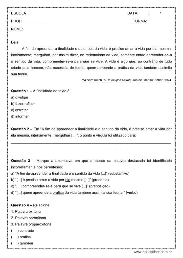 Atividade de língua portuguesa: Ponto e vírgula - 7º ano