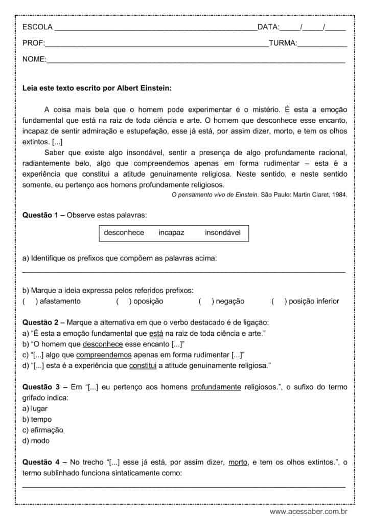 Atividade de português: Prefixo - 8º ano