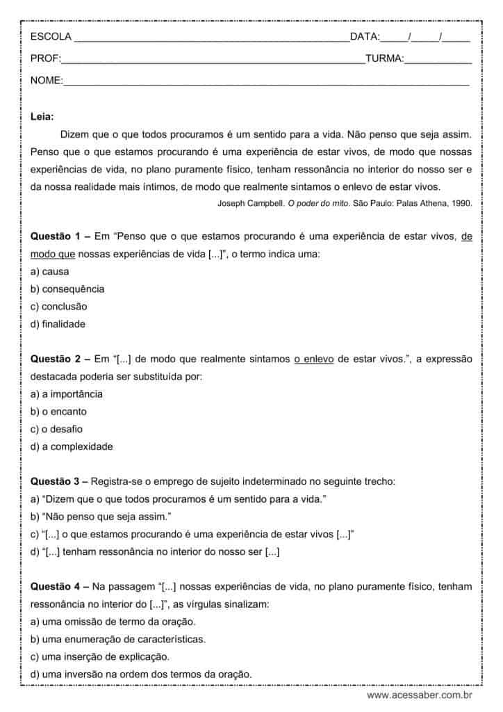 Atividade de língua portuguesa: Sujeito indeterminado - 9º ano