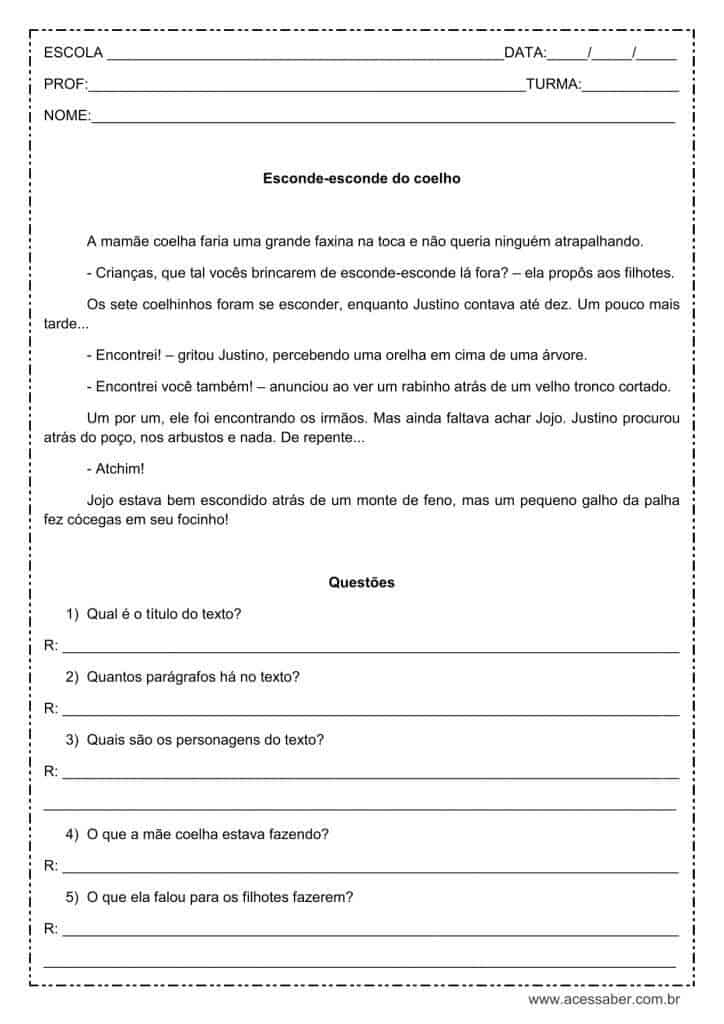 Interpretação de texto: Esconde-esconde do coelho – 3º ou 4º ano Interpretação de texto: Esconde-esconde do coelho - 3º ou 4º ano