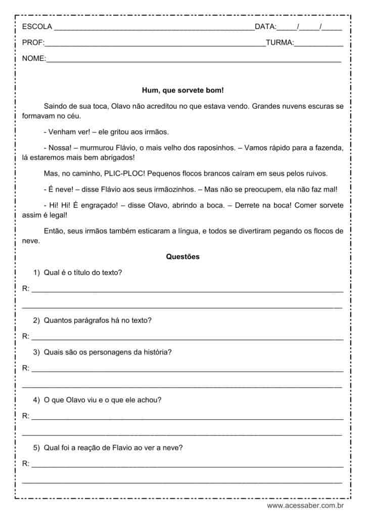 Interpretação de texto: Hum, que sorvete bom! – 3º ou 4º ano Interpretação de texto: Hum, que sorvete bom! - 3º ou 4º ano