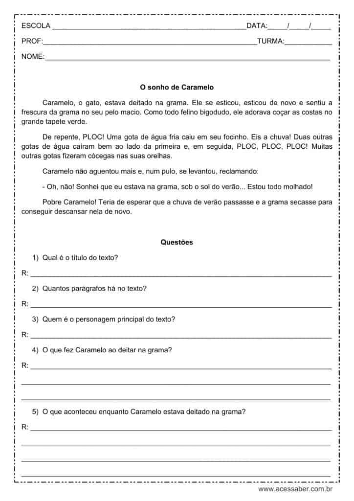 Interpretação de texto: O sonho de Caramelo – 3º ou 4º ano Interpretação de texto: O sonho de Caramelo - 3º ou 4º ano