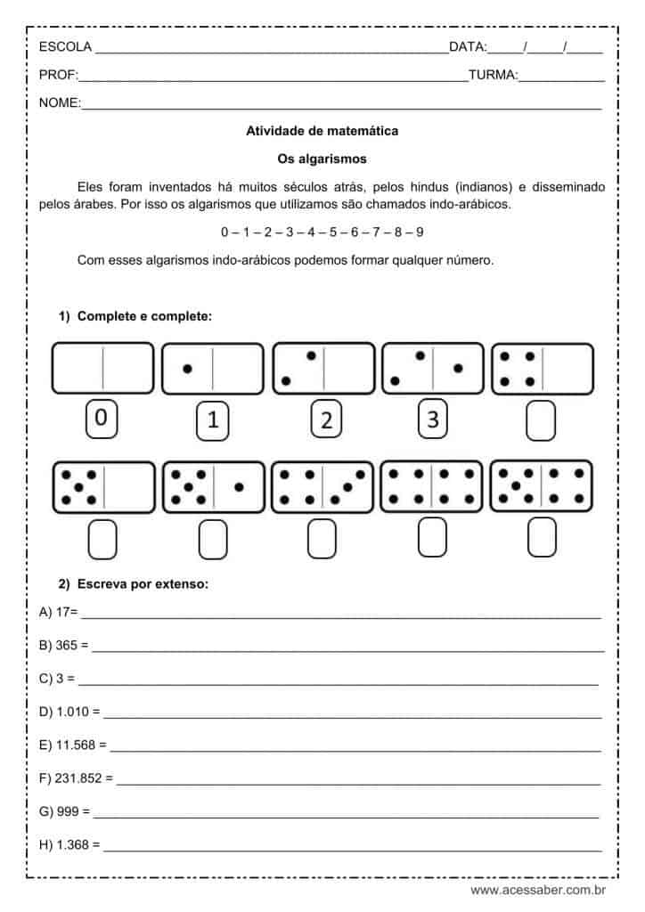 Atividade de matemática: Os algarismos - 4º ano - Acessaber